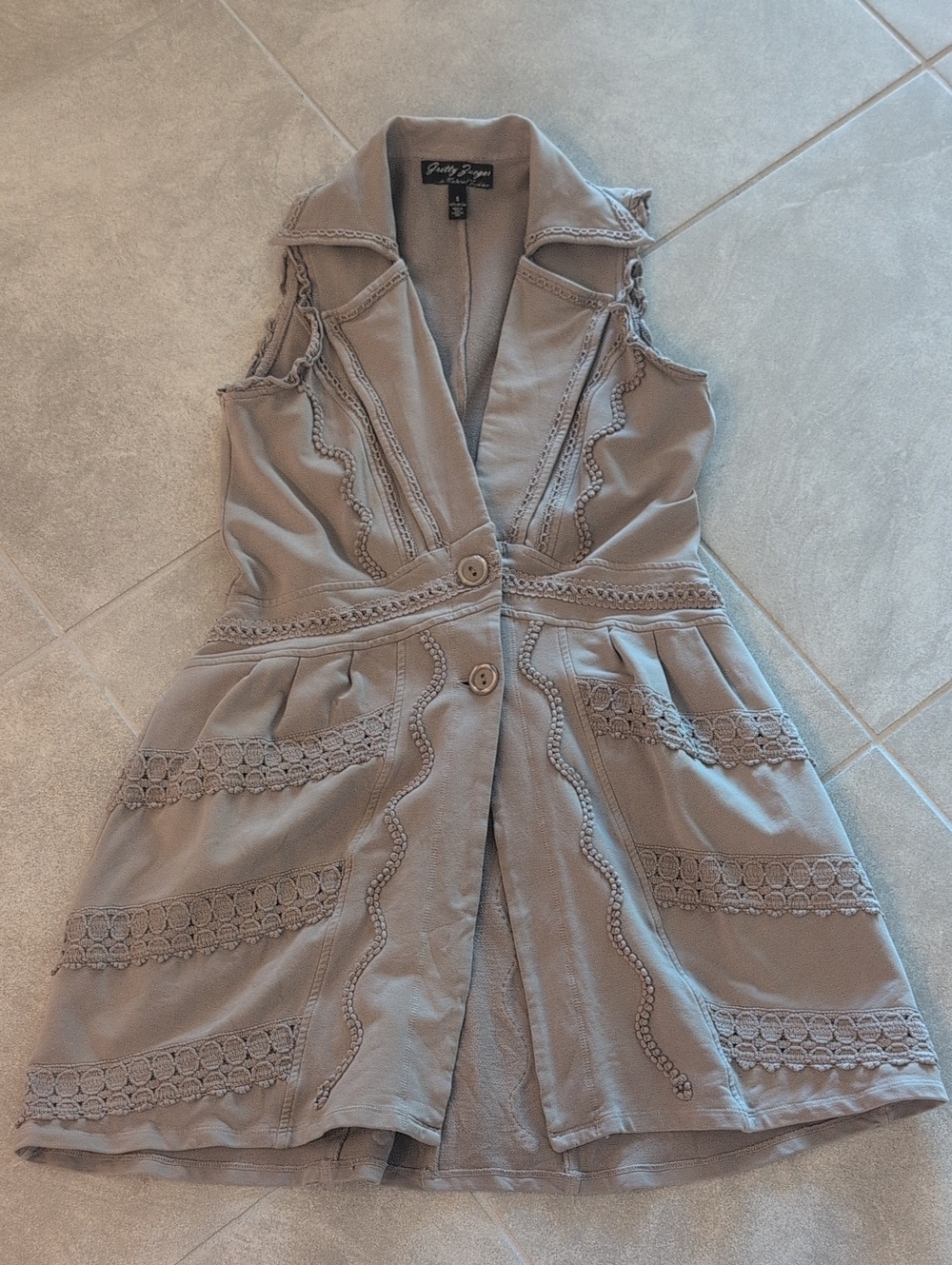 Gretty Zueger Taupe Crochet-Trim Button Front Vest